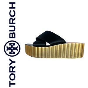 Tory Burch Satin Gold Scallop Wedge Slide Sandals 7